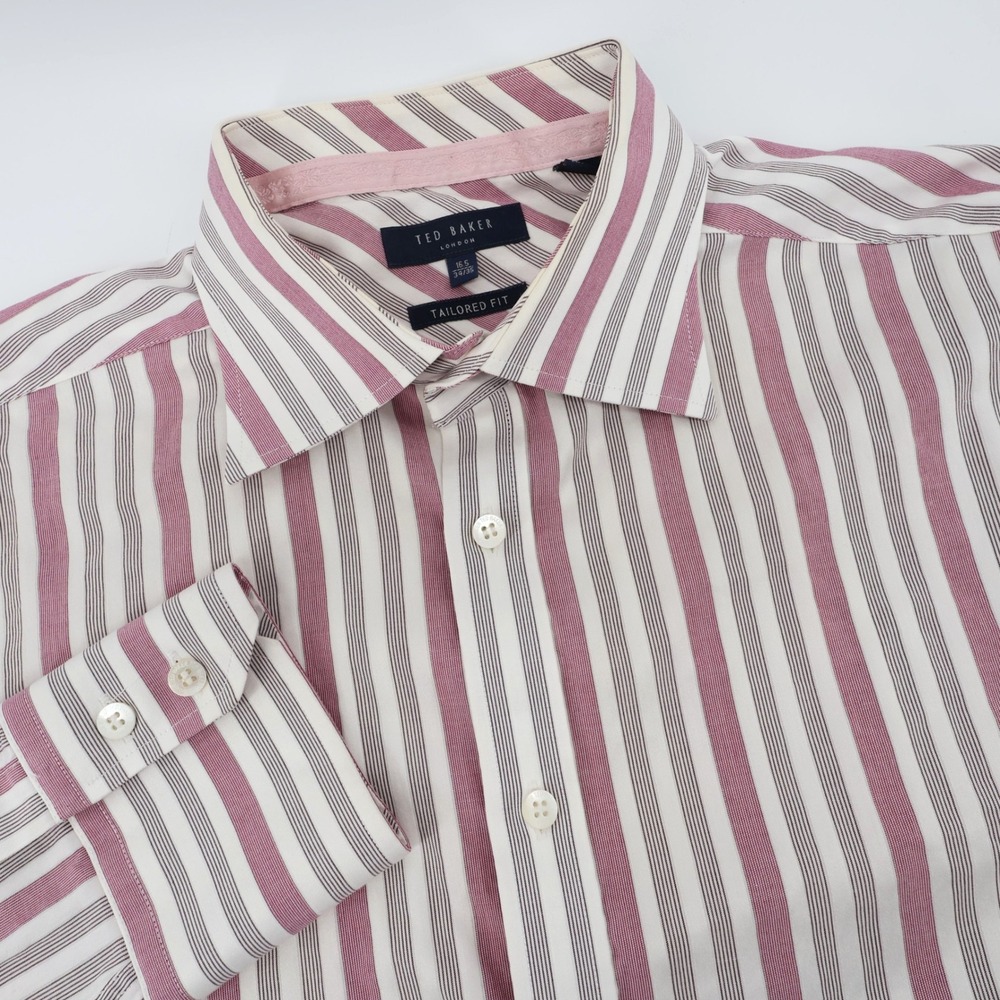 Ted Baker London Mens Tailored Fit Pink Grey Stripe Dress Shirt 16.5 34 35 Large